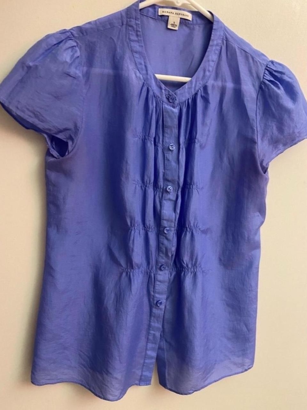 Banana Republic Short Sleeve Button Front Blouse - Periwinkle Blue Cotton Silk